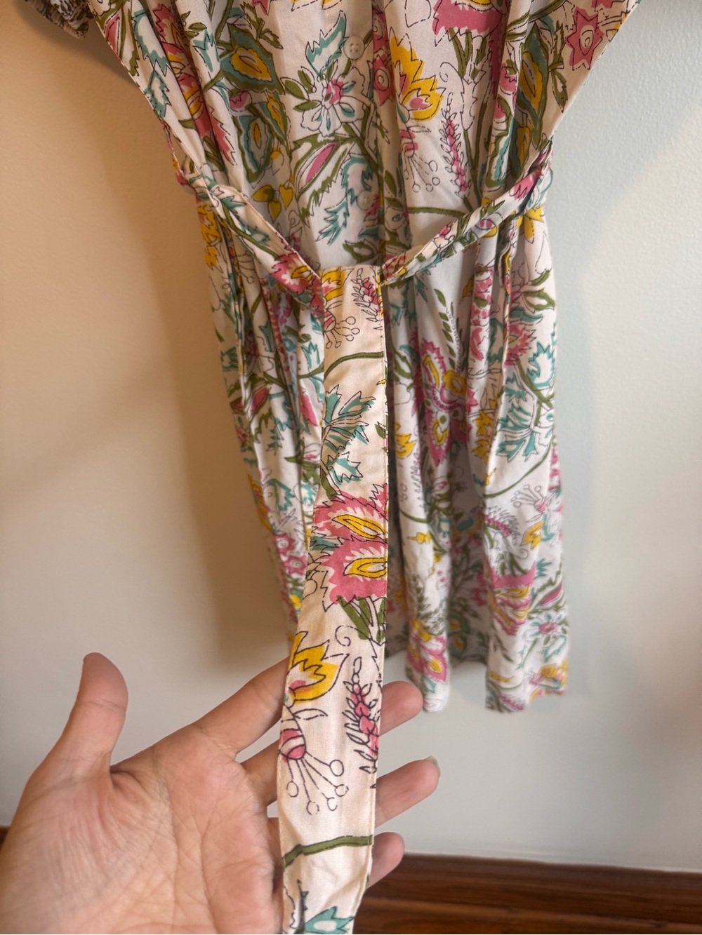 RAGA Cream Floral Tie-Waist Mini Dress with Pink & Yellow Print - Picture 2 of 5